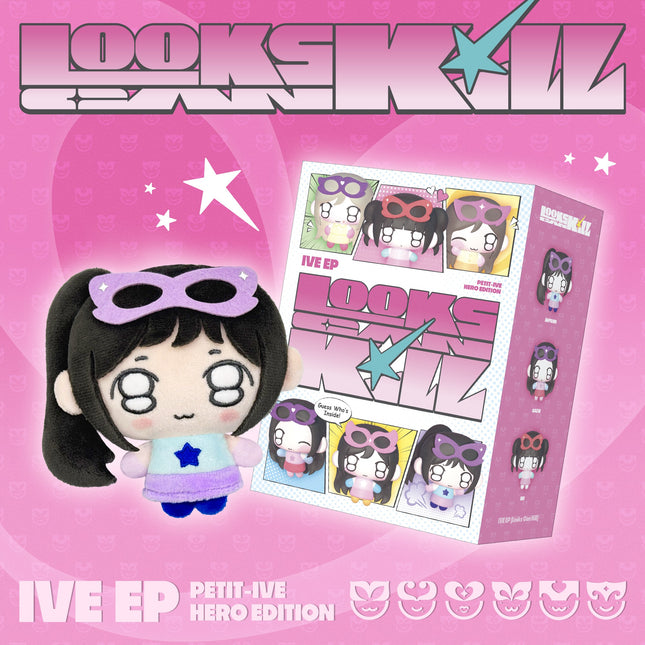 IVE Looks Can Kill PETIT-IVE Hero Edition blind box with Captain Purple Yujin plush keyring, black ponytail, lilac felt superhero mask, pale blue top with blue star and purple skirt, next to the pink comic-style box with Guess Who's Inside text, on a pink background
