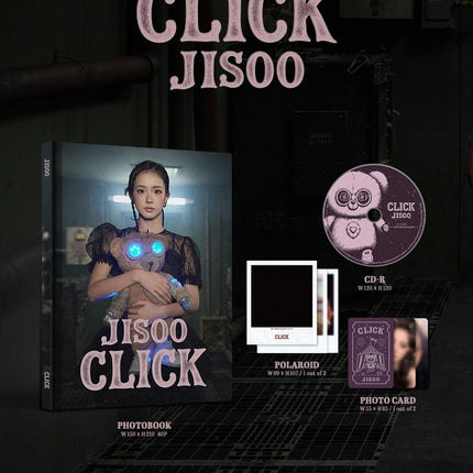 JISOO CLICK Photobook Ver. contents – 150x210mm 40-page photobook, 120x120mm teddy bear CD-R, 89x107mm polaroid random 1 of 2, 55x85mm purple carnival photocard random 1 of 2