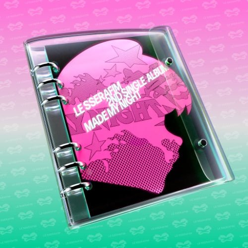 LE SSERAFIM Made My Night 2nd Single Album CHEMICAL NIGHT Ver. – clear iridescent PVC ring binder with hot pink comic-style silhouette cover