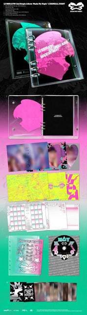 LE SSERAFIM Made My Night CHEMICAL NIGHT Ver. official packshot – ring binder with 84p photobook, 48p character illustration and 42p diary planner, sticker and PVC zipper bag, CD and 6 photocards