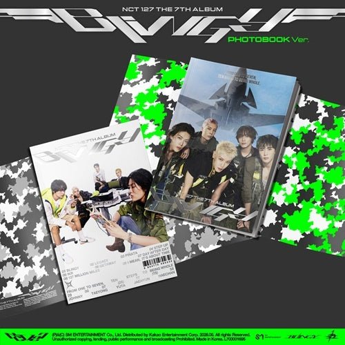NCT 127 BLINGY 7th Album Photobook Ver. – ASSEMBLE Ver. with white and grey camo dust jacket and BLINGY JETS Ver. fighter-pilot cover with neon green pixel camo dust jacket