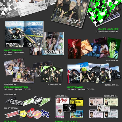 NCT 127 BLINGY Photobook Ver. official packshot – dust jackets, 96-page photobook, folded posters, postcards, stickers, identity cards, photocards, group photocards and CD-Rs for ASSEMBLE and BLINGY JETS versions