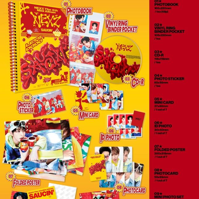 NEXZ SAUCIN' YELLOW Ver. official packshot – 68-page spiral photobook, vinyl ring binder pocket, CD-R, photo sticker, mini card, ID photo, folded poster, photocard and mini photo set with dimensions