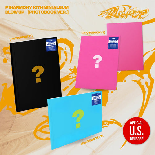 P1Harmony BLOW UP Photobook Ver. 82EVENT Exclusive – V1 black, V2 blue and V3 pink photobooks with 82EVENT Exclusive stickers, official U.S. release