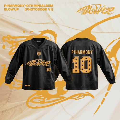 P1Harmony BLOW UP Sports Jersey – black long-sleeve V-neck jersey with gold splashed BLOW UP logo, star crest and number 10 on the front, P1HARMONY 10 star print on the back, on the 10th mini album Photobook V1 beige and gold background