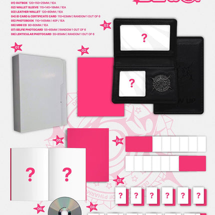 P1Harmony BLOW UP Wallet Ver. official packshot – outbox, pink wallet sleeve, leather wallet, ID card and certificate card, 40-page photobook, mini CD, selfie and lenticular photocards