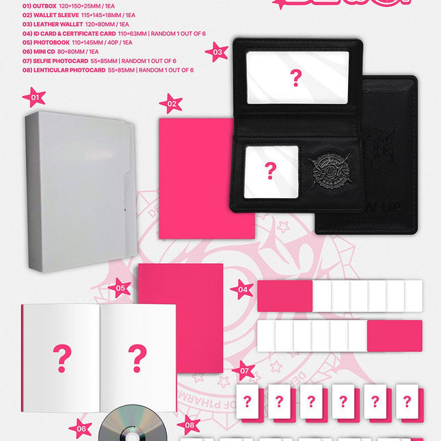 P1Harmony BLOW UP Wallet Ver. official packshot – outbox, pink wallet sleeve, leather wallet, ID card and certificate card, 40-page photobook, mini CD, selfie and lenticular photocards