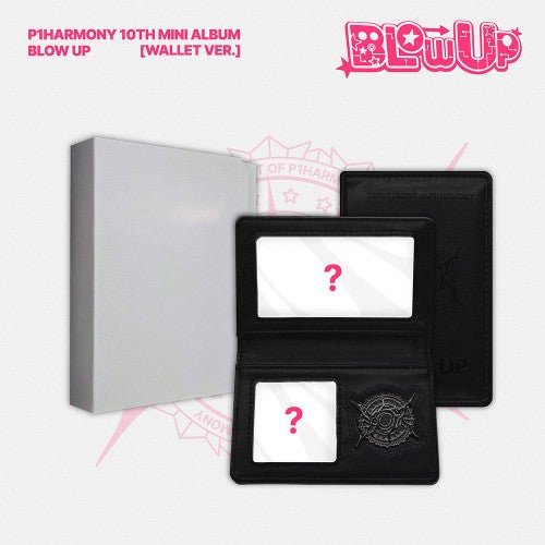 P1Harmony 10th mini album BLOW UP Wallet Ver. – grey outbox and open black leather card wallet with photo windows and metal emblem on a white background with pink stars