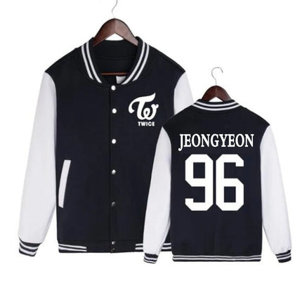 Black and white varsity jacket with 'TWICE' logo and 'JEONGYEON 96' text on a white background