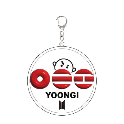 Keychain with red and white design and 'YOONGI' text on a white background