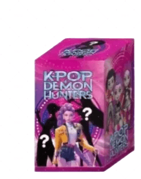 Box of K'Pop Demon Hunters with a stylized character and question marks on a white background