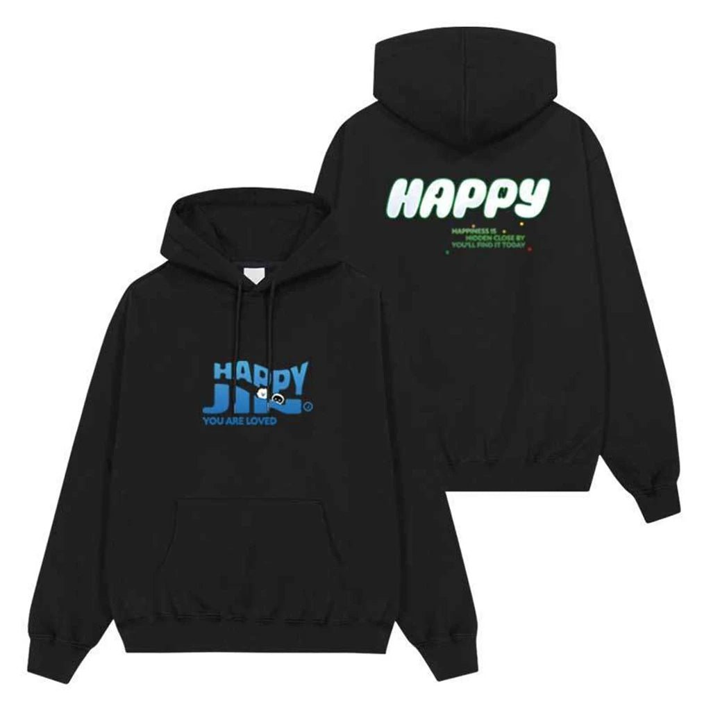 BTS Jin-Inspired Happy Black Hoodie – Kpop Exchange BTS Jin-Inspired Happy Black Hoodie – Kpop Exchange