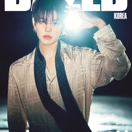 Stray Kids Seungmin Dazed & Confused Korea November 2026 magazine Cover C – Seungmin with hand in hair against a blue night sky and light flare, beige check satin shirt and long dark scarf, white DAZED logo