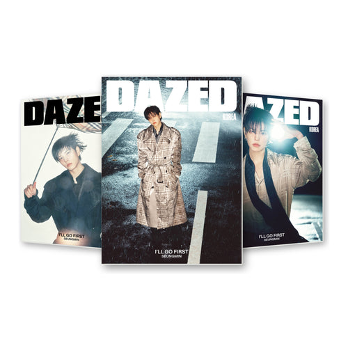 Stray Kids Seungmin Dazed & Confused Korea November 2026 magazine SET – all three covers A, B and C standing together: plaid trench on a rainy road, plaid umbrella on white, and check satin shirt in blue night light