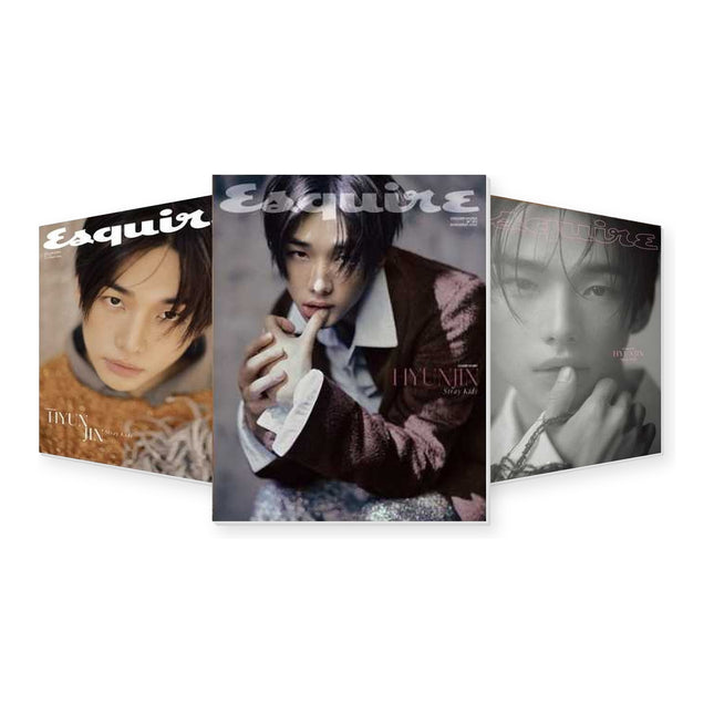 Stray Kids Hyunjin ESQUIRE Korea November 2026 magazine SET – all three covers A, B and C standing together: orange fringed knit close-up, burgundy jacket with white hand prop, and black-and-white finger-to-lips portrait