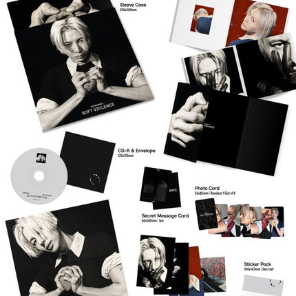 TAEMIN PHASE I Soft Violence Photobook BITTER Ver. contents: 260x260mm sleeve case with black-and-white TAEMIN portrait, 80p photobook, CD-R, 400x400mm poster, postcards, photocards with red gloves and sticker pack
