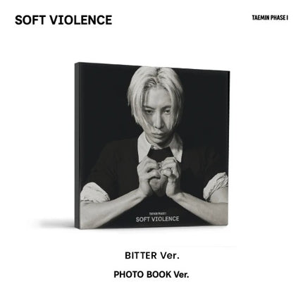 TAEMIN PHASE I Soft Violence Photobook BITTER Ver. album cover: black-and-white portrait of platinum-haired TAEMIN in a white collar with clasped hands on a 260x260mm sleeve case