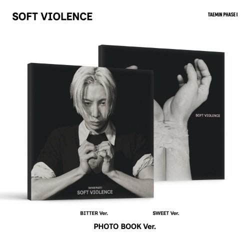 TAEMIN PHASE I Soft Violence Photobook Ver. SWEET and BITTER album covers side by side, black-and-white portrait of TAEMIN and pale sculpted hands on a black 260x260mm sleeve