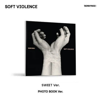 TAEMIN PHASE I Soft Violence Photobook SWEET Ver. album cover: pale sculpted hands with textured wrists on a black 260x260mm sleeve case, pink SOFT VIOLENCE lettering