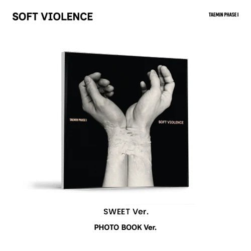 TAEMIN PHASE I Soft Violence Photobook SWEET Ver. album cover: pale sculpted hands with textured wrists on a black 260x260mm sleeve case, pink SOFT VIOLENCE lettering
