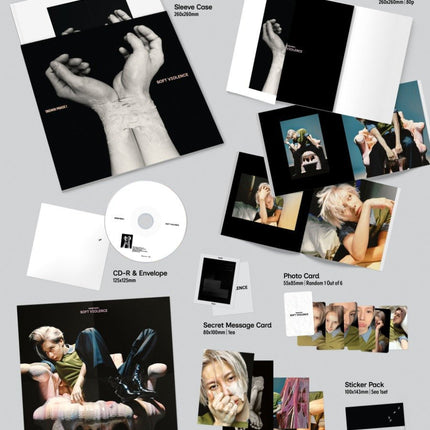 TAEMIN PHASE I Soft Violence Photobook SWEET Ver. contents: 260x260mm sleeve case with sculpted hands, 80p photobook, CD-R, 400x400mm poster, postcards, photocards and sticker pack