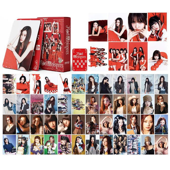 TWICE 2026 Season’s Greetings RED WHISPERS Photo Cards 55 cards laid out collection display