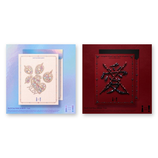 XLOV i=! 3rd Mini Album SET – both versions side by side: pastel pink jeweled paw-heart i Version and crimson red rhinestone 愛 ! Version