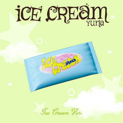 ITZY Yuna ICE CREAM ice cream version pre-order, Yuna 1st mini album ice cream packaging, Yuna ICE CREAM postcard set 21, Yuna ICE CREAM paper air freshener, Yuna ICE CREAM first edition keypad sticker, ITZY Yuna solo debut buy USA 2026, MIDZY Yuna ICE CREAM snack package version