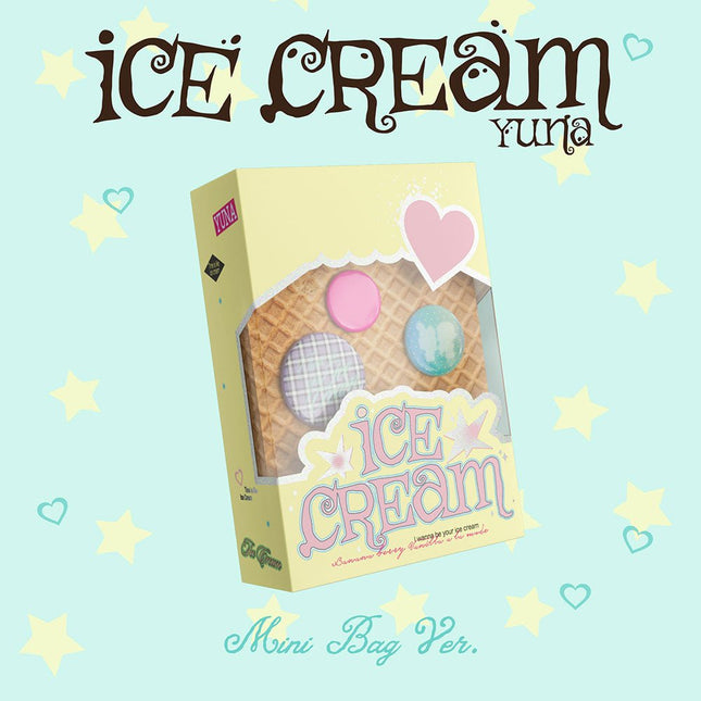 ITZY Yuna ICE CREAM mini bag MD pre-order, Yuna ICE CREAM mini crossbody bag album, Yuna ICE CREAM MD version buy USA, Yuna ICE CREAM pin badge set, Yuna ICE CREAM first edition digi-cam photo set, ITZY Yuna solo debut MD album 2026, MIDZY Yuna ICE CREAM merchandise album apple music pob pre-order benefit