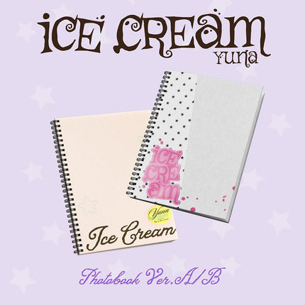 ITZY Yuna ICE CREAM photobook pre-order USA, Yuna 1st mini album photobook, Yuna ICE CREAM Ver A Ver B photobook, Yuna ICE CREAM first edition acrylic keyring, ITZY Yuna solo debut photobook 2026, Yuna ICE CREAM photocard 2 out of 6, MIDZY Yuna solo album photobook buy USA