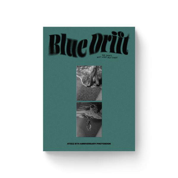 TEEZ 8th Anniversary Photobook Blue Drift front cover – deep teal-green hardcover-style book with the title "Blue Drift" in a warped, wavy black display font across the top, two stacked black-and-white photo windows in the center, and "ATEEZ 8TH ANNIVERSARY PHOTOBOOK" printed in small caps along the bottom edge