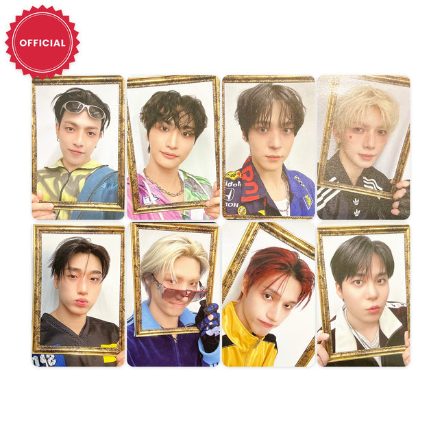 ATEEZ ANITEEZ IN COLOR pop-up POB photocard Type A frame version full set of 8 cards — Hongjoong, Seonghwa, Yunho, Yeosang, San, Mingi, Wooyoung and Jongho each holding an ornate antique gold picture frame around their face against a white background