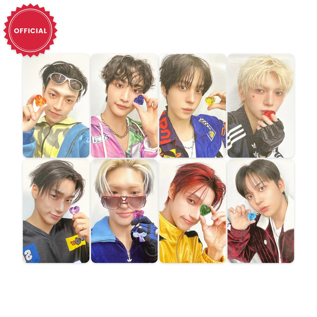 ATEEZ ANITEEZ IN COLOR pop-up POB photocard Type B heart version full set of 8 cards — Hongjoong, Seonghwa, Yunho, Yeosang, San, Mingi, Wooyoung and Jongho each holding a translucent jewel heart in a different color against a white background