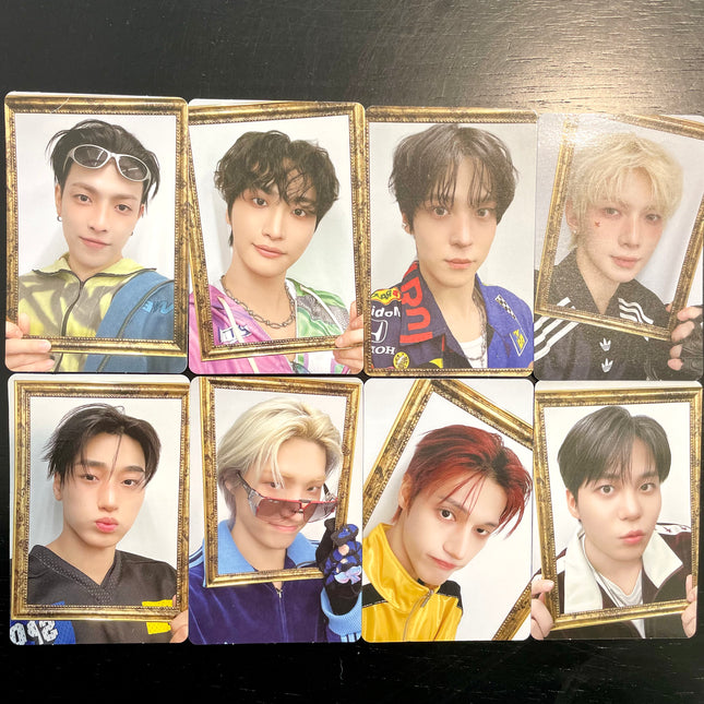 ATEEZ ANITEEZ IN COLOR pop-up POB photocard Type A frame version full set of 8 cards — Hongjoong, Seonghwa, Yunho, Yeosang, San, Mingi, Wooyoung and Jongho each holding an ornate antique gold picture frame around their face against a white background