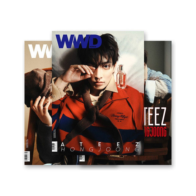 ATEEZ Hongjoong WWD Korea November 2026 Full Set – Cover A (brown cap), Cover B (red striped Tommy Hilfiger sweater) and Cover C (blue knit on a rattan chair) fanned together
