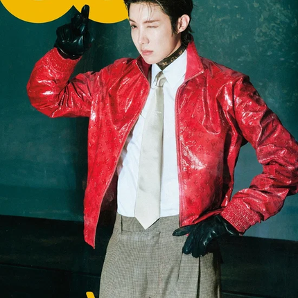 BTS j-hope GQ Korea September 2026 Cover B — high-shine red patent leather jacket over a white shirt and tie, one black-gloved hand raised, deep forest-green background, high-contrast red-on-green fashion editorial.