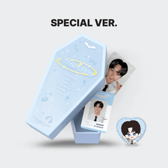 ENHYPEN World Coupon Card Collection After Class Special Version coffin-shaped packaging box in pastel blue with bat wing crest, glow-in-the-dark-style After Class logo, and JUNGWON JAY JAKE SUNGHOON SUNOO NI-KI member list