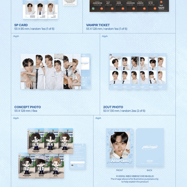 ENHYPEN After Class Special Ver full layout sheet showing SP Card, Vampir Ticket, Concept Photo set of 6, 2-Cut Photo, Coupon Card, Mini L-Holder, Removable Sticker sheet, and Pin Badge set on pastel blue vampire-themed background with bat and coffin icons