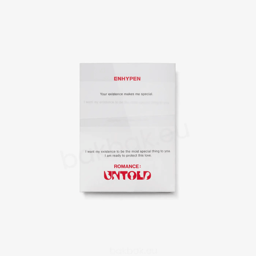 ENHYPEN ROMANCE UNTOLD Weverse Album specs showing package Concept Cinema Photo Card A Concept Cinema Photo Card B photo card set QR card and track card