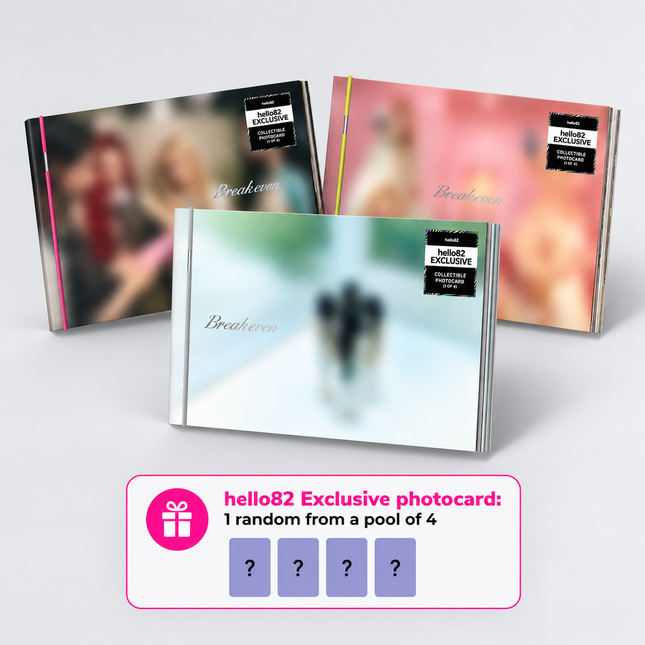 ILLIT BREAK EVEN 5th mini album hello82 Exclusive version packshot showing QUIET Ver., BURNING Ver. and MAD Ver. covers side by side with photobook, book band and CD-R