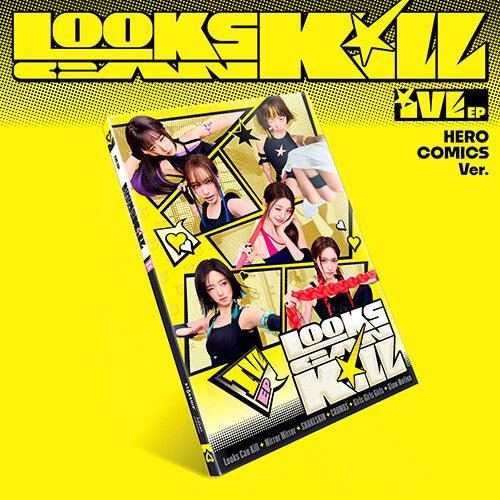 IVE Looks Can Kill HERO COMICS Ver. official cover – comic-panel layout of the six members on a yellow cover