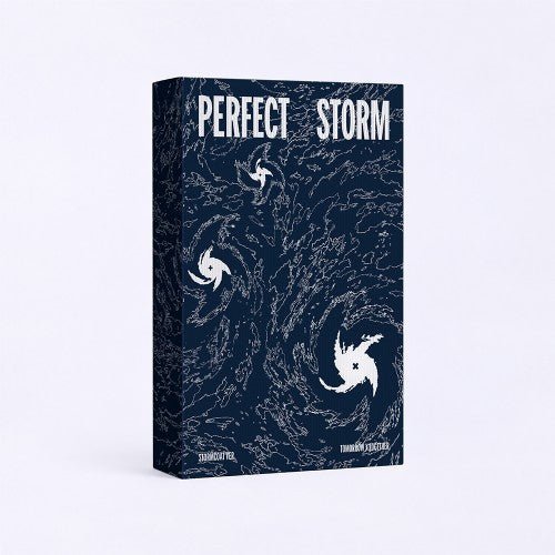 TXT TOMORROW X TOGETHER PERFECT STORM STORMCOAT Ver. limited edition navy box with white marbled storm pattern and spiral storm icons