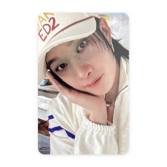 Stray Kids Bang Chan 2026 Season Greetings Straight Supper Club Apple Music POB Photocard — dark wet hair white cap ED2 text varsity stripe zip-up necklace diner background