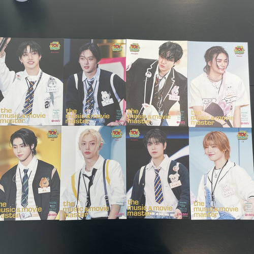 Stray Kids HMV POB, SKZ Toy World HMV photocard, Stray Kids Toy World HMV, Stray Kids Japan POB, SKZ HMV photocard set Design B, Stray Kids Fan Connecting 2024 HMV, Stray Kids SKZ Toy World HMV pre-order benefit USA, where to buy Stray Kids HMV photocard, Stray Kids SKZ Toy World HMV POB complete 8-member Design B photocard set laid out featuring Bang Chan Lee Know Changbin Hyunjin Han Felix Seungmin IN in colorful Toy World concept