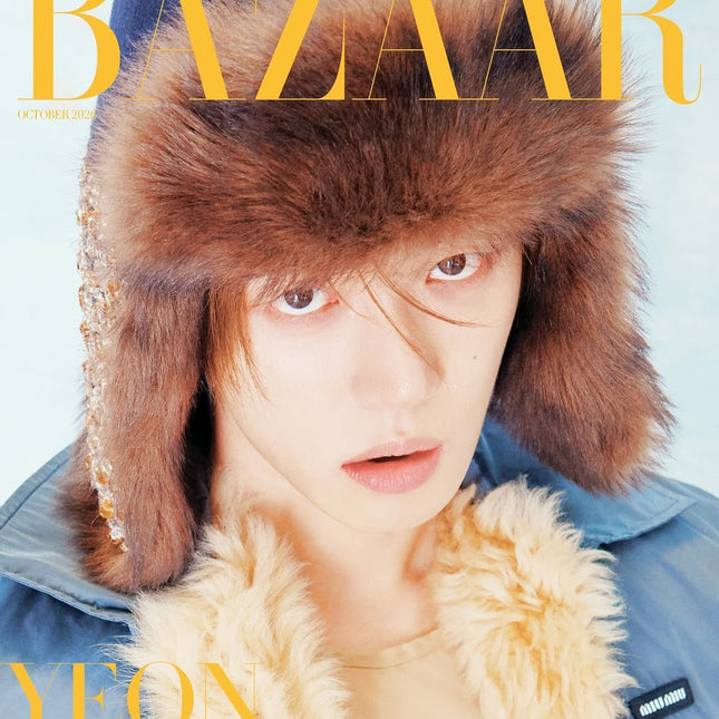 Harper's Bazaar Korea October 2026 magazine Cover A featuring TOMORROW X TOGETHER's Yeonjun in the 'Beyond the White' editorial, minimalist white studio backdrop, Bazaar masthead in white typography, portrait-orientation glossy magazine cover.