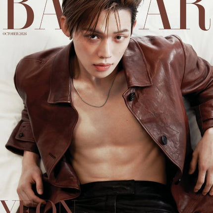 Harper's Bazaar Korea October 2026 magazine Cover C featuring TXT Yeonjun, third look from the 'Beyond the White' editorial spread, monochrome white set design, Harper's Bazaar Korea logo top of page.