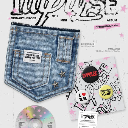 Xdinary Heroes IMPULSE Denim Pouch Ver. inclusions – denim pouch, 3 pin badges, CD, track receipt, selfie photocard and credit card