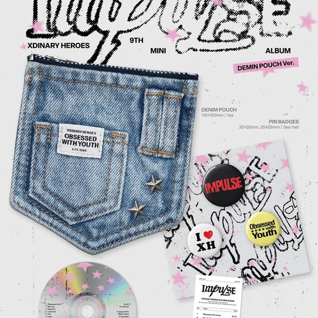 Xdinary Heroes IMPULSE Denim Pouch Ver. inclusions – denim pouch, 3 pin badges, CD, track receipt, selfie photocard and credit card