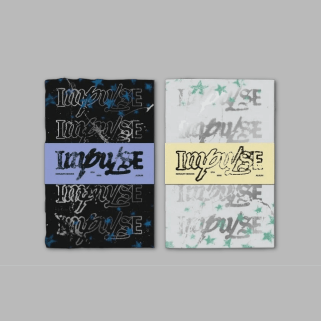 Xdinary Heroes IMPULSE 9th Mini Album Photobook – two versions side by side: black cover with blue stars and lavender band, white cover with green stars and yellow band
