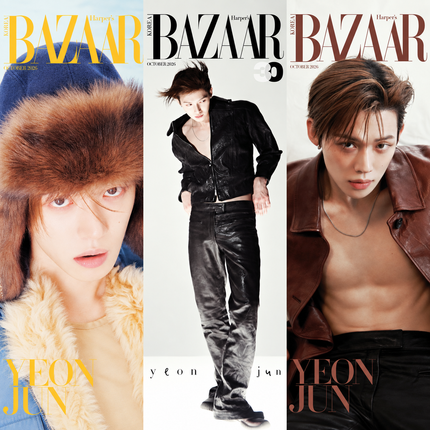 Full set of three Harper's Bazaar Korea October 2026 covers (A, B, C) featuring TOMORROW X TOGETHER's Yeonjun laid out side by side, 'Beyond the White' concept, glossy Korean fashion magazine, 210×297×15mm each